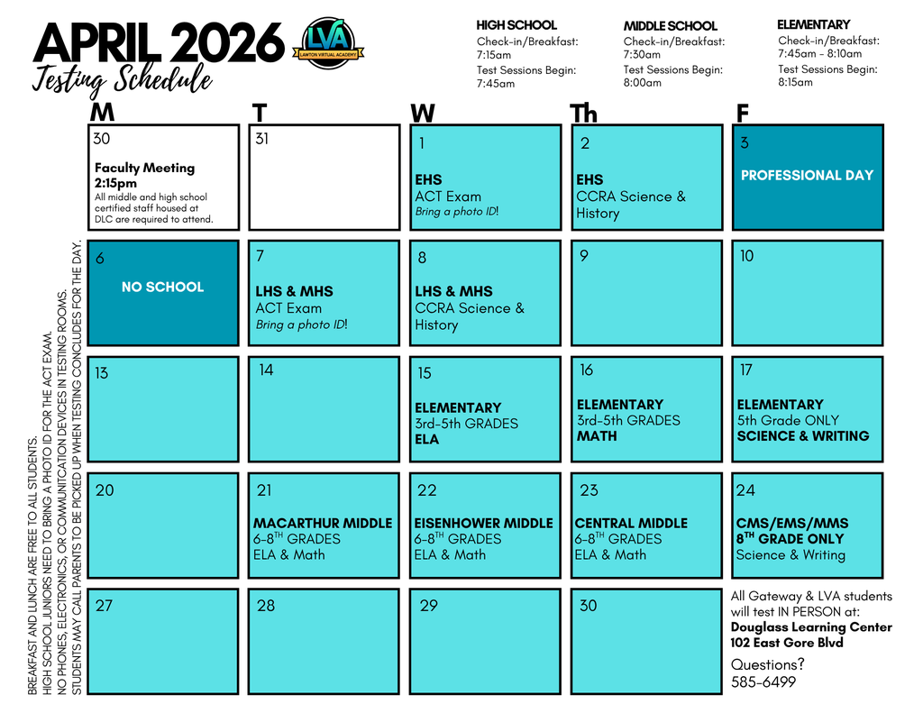 A blue and white calendar displays the April 2026 testing schedule for various grades, highlighting key dates for exams and professional days.