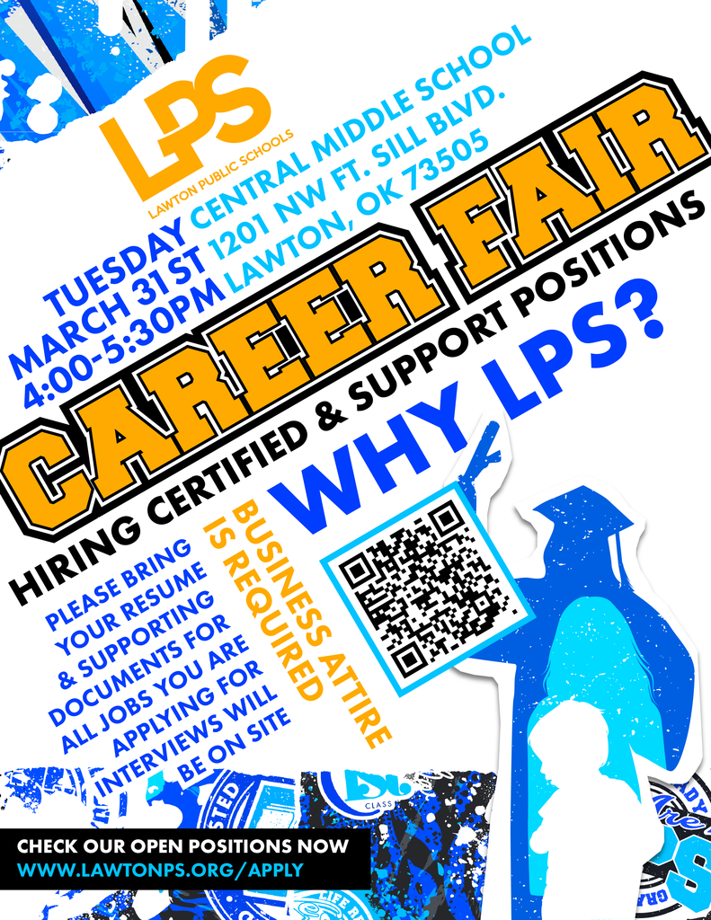 A poster for a career fair with blue and white colors, featuring a QR code and silhouette of a person.