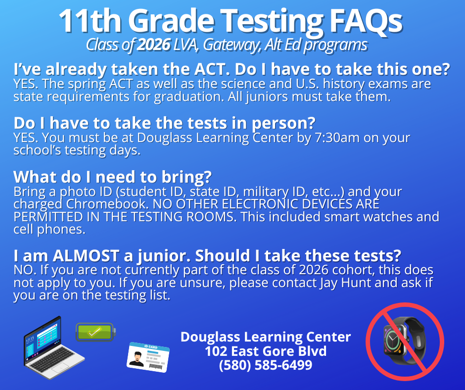 A blue background displays white text, "11th Grade Testing FAQs," with questions and answers about required tests and items.