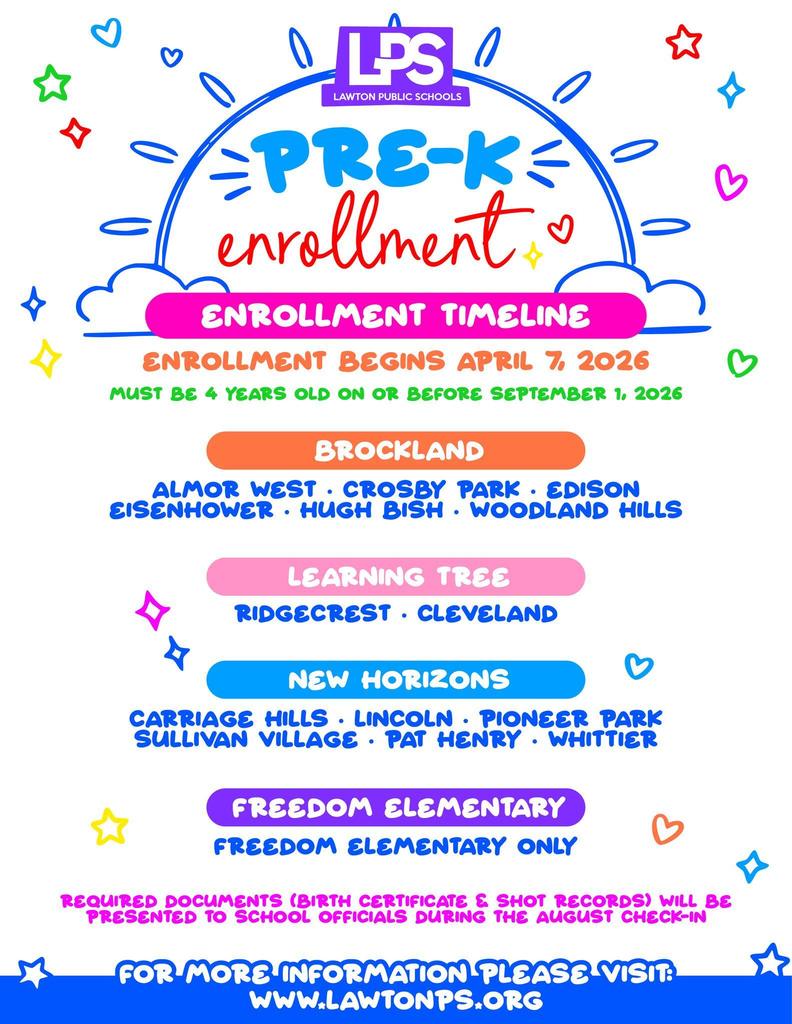 Enrollment timeline for LPS pre-K begins April 7, 2026. Age 4 by September 1, 2026. Schools include Brockland, Almor West, Crosby Park, Edison Eisenhower, Hugh Bish, and more.