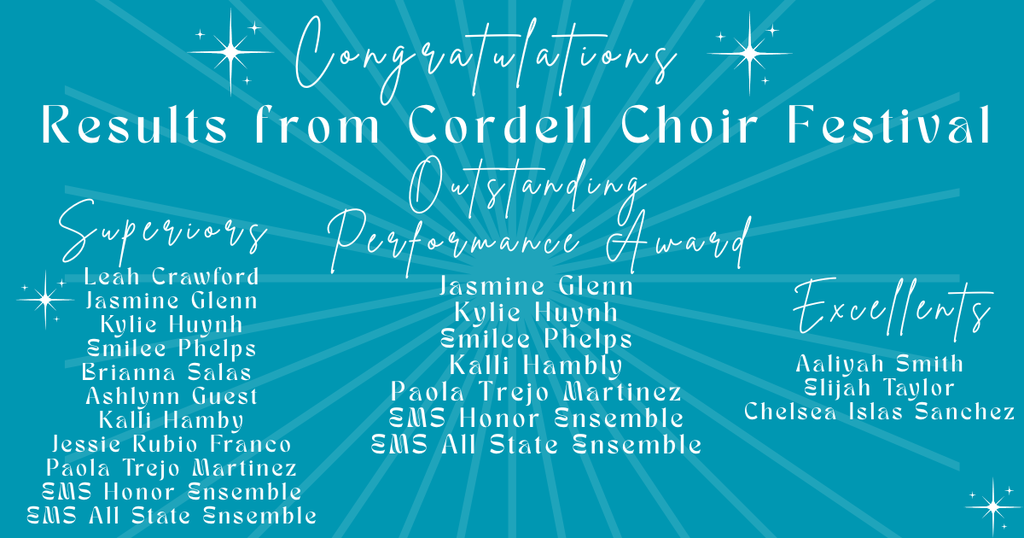Blue background with white text displaying "Results from Cordell Choir Festival" and lists names of award recipients.