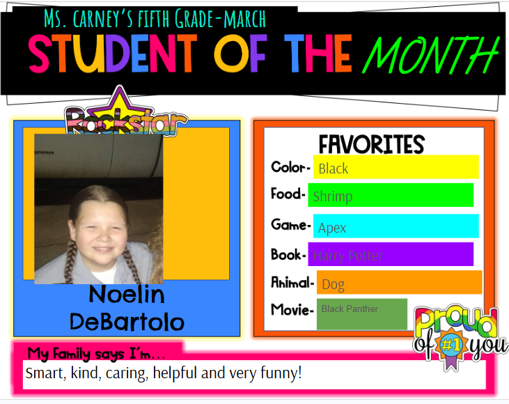 A poster announces a student of the month. A photo of a girl with pigtails is displayed. Favorites include black, pizza, Apex, Harry Potter, dog, and Black Panther.