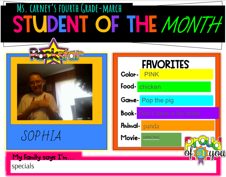A colorful page displays "Student of the Month" for March, featuring a photo of a person, text about their favorites, and personal details.