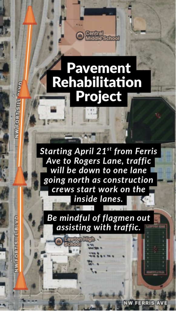 Aerial view of a street showing an overlay of a map. Text describes a Pavement Rehabilitation Project affecting traffic.