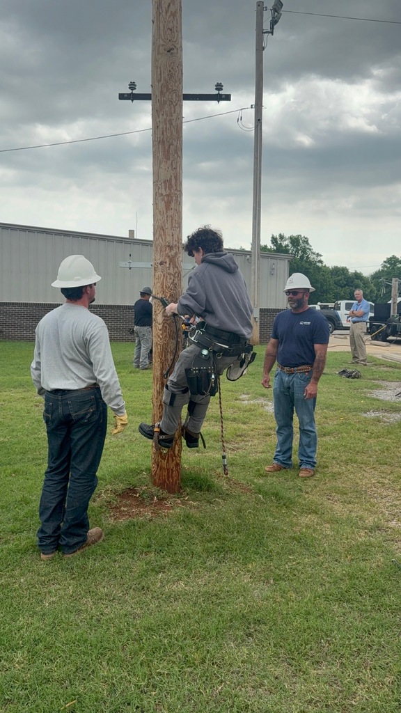 Four workers in a field; one climbing a utility pole, others observing. Two utility poles in the background.