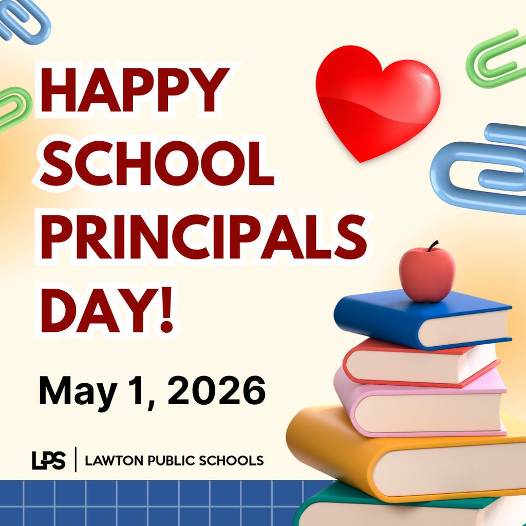 Poster celebrating "Happy School Principals Day" on May 1, 2026, featuring a red heart, books, and paperclips.