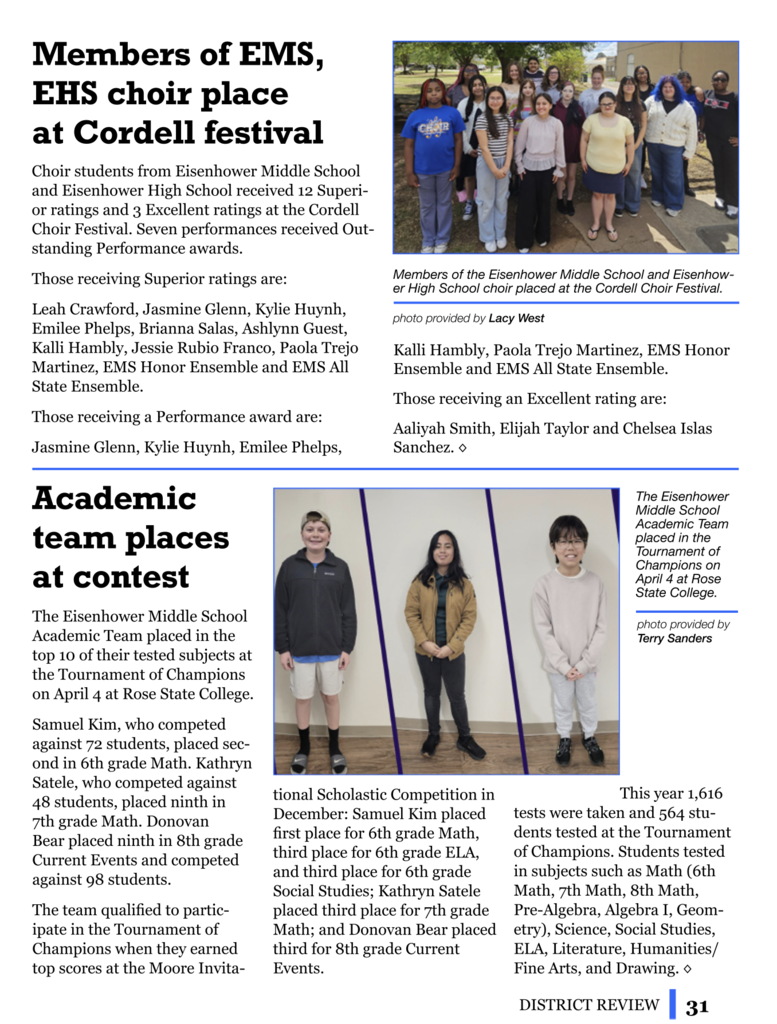 Text and images of students from Eisenhower Middle School. Two photos on the right show choir members, one on the left shows students from the Academic team.
