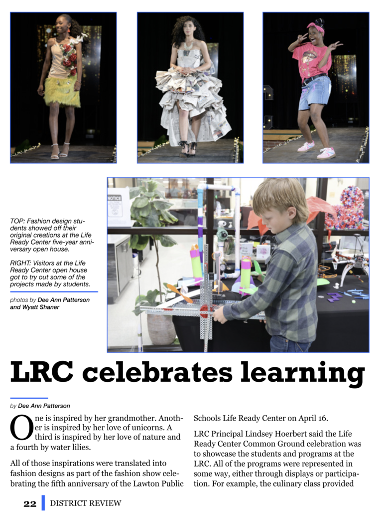 Collage of photos: a fashion design, students in school uniform, a child working on a project, a title "LRC celebrates learning."