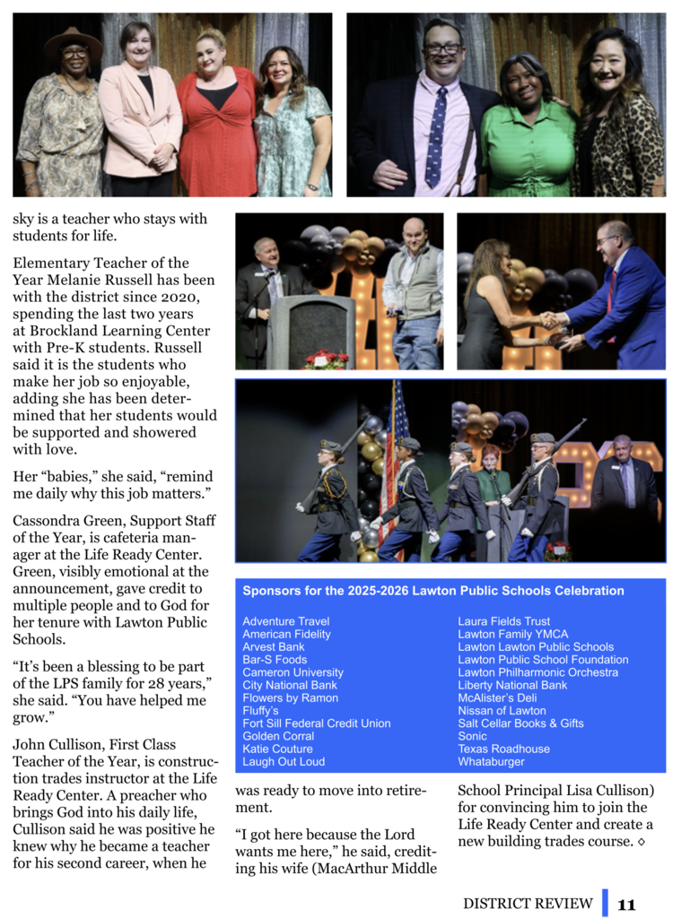 Collage of people in formal attire, including educators, and photos of school events. Text highlights achievements and roles within a school community.