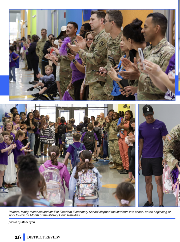 Collage of military personnel, parents, and children in a hallway. Some people clap, while others hold phones.