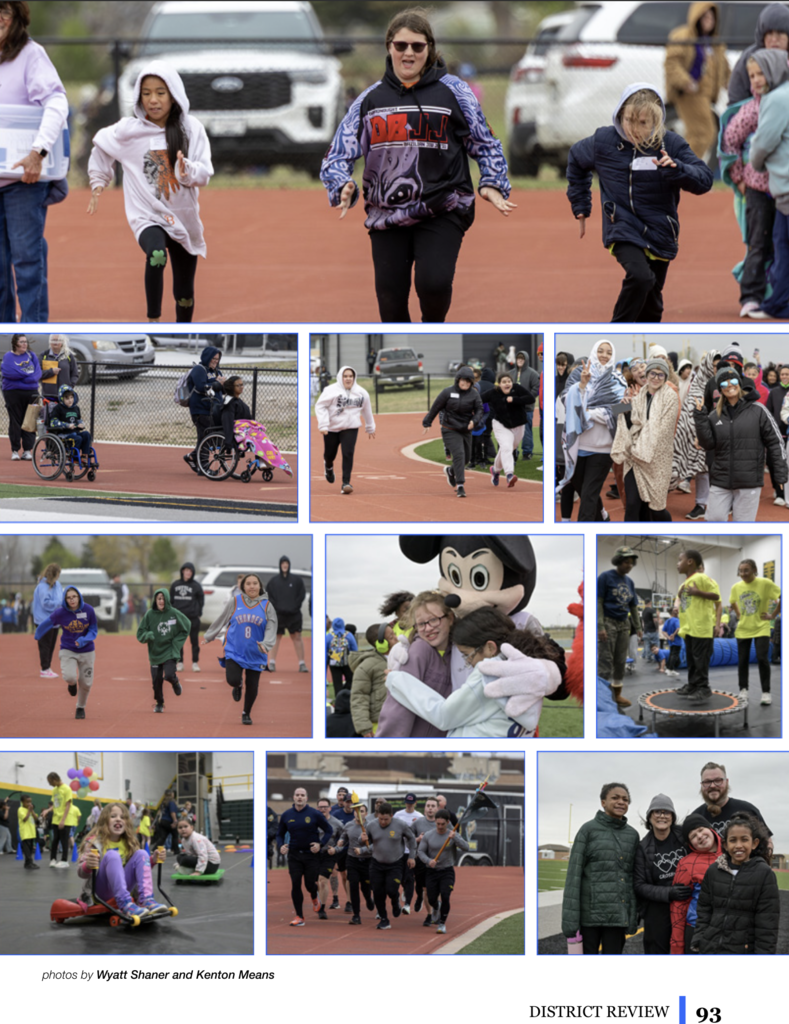 A collage of people at a track event, some running, others cheering, a mascot, and various family groups.