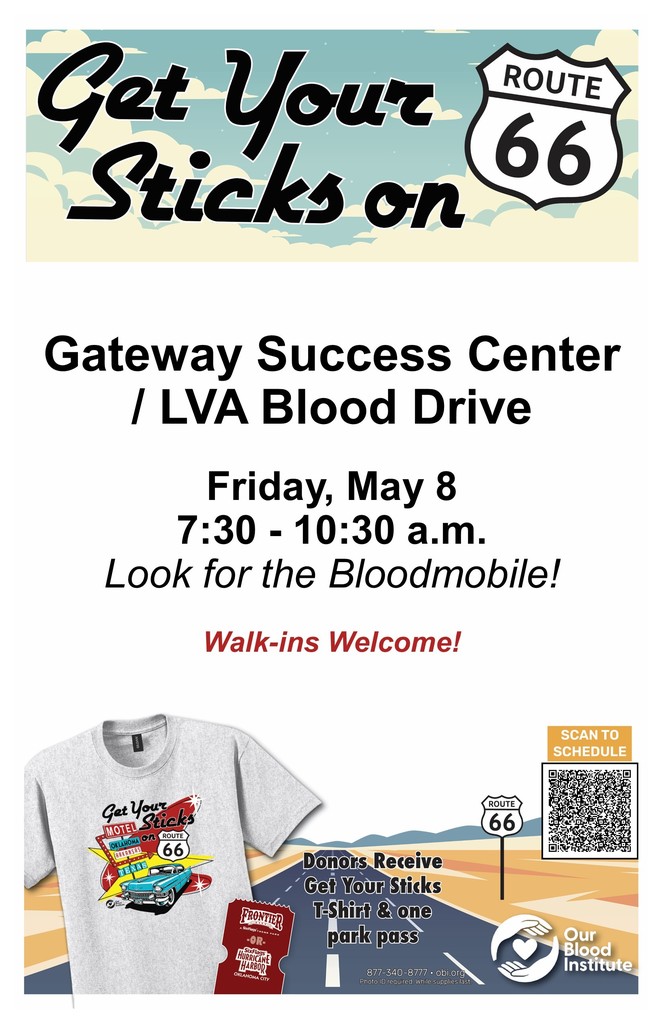 An advertisement for a blood drive on Friday, May 8. A gray t-shirt with a Route 66 design is shown.