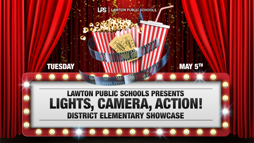 A poster for an event with a red curtain background. The poster features a popcorn bucket and a film strip.