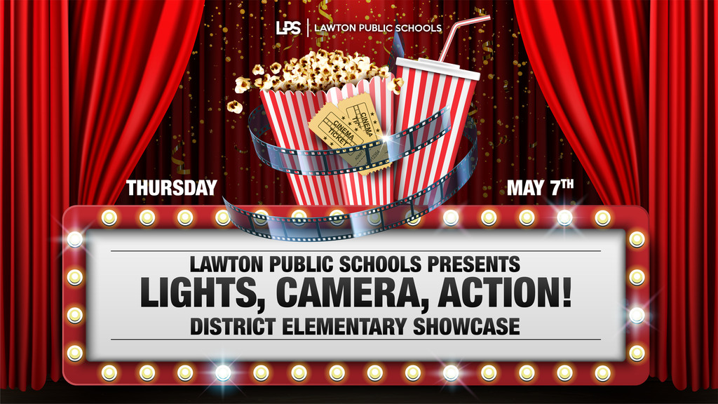 A movie night poster features a popcorn bucket and a drink with a straw. Above it, a film reel winds around a red curtain backdrop.