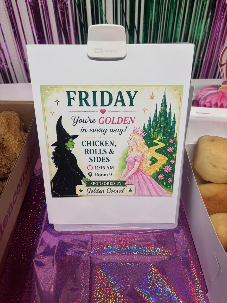 A sign with "FRIDAY" in large letters. A witch and a princess are illustrated. Text reads: "You're Golden." A menu lists "Chicken, Rolls & Sides."