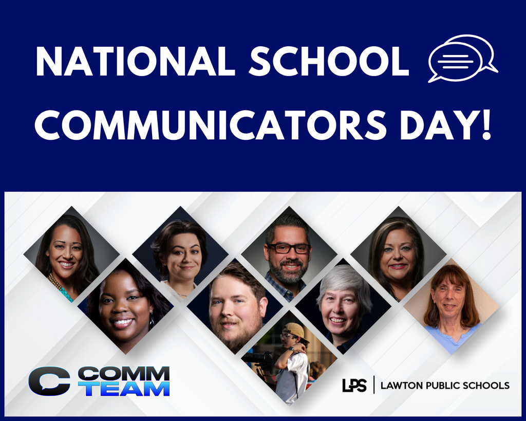 A blue and white graphic featuring a collage of smiling faces of adult professionals. Text reads "National School Communicators Day!"