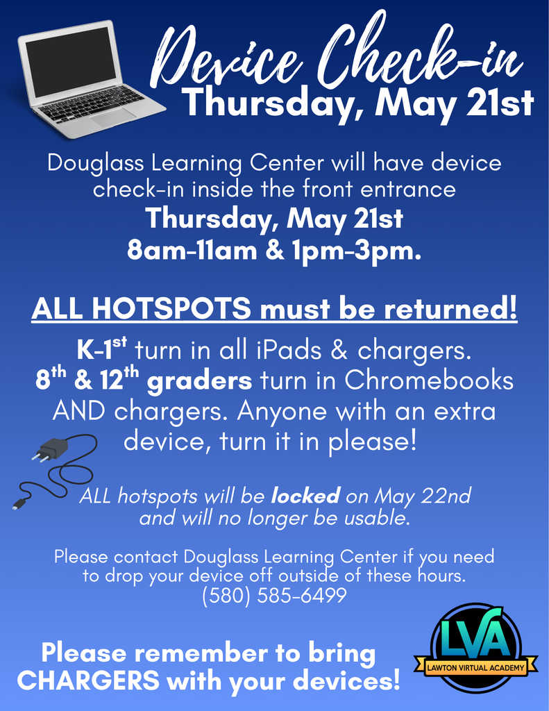 A blue poster announces a device check-in event on May 21st, 8am-11am and 1pm-3pm at Douglass Learning Center.