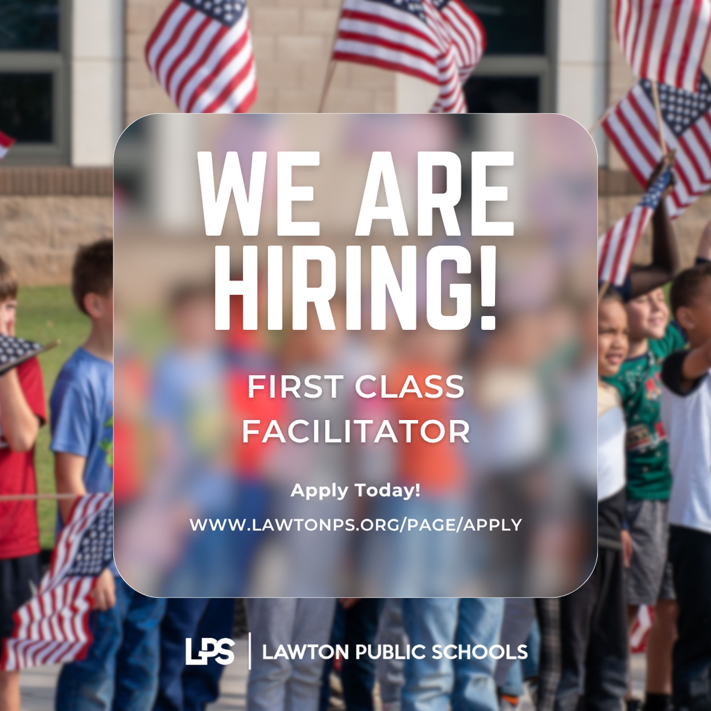A poster with the text "We are hiring! First Class Facilitator" in white over a blurred background of children holding flags.