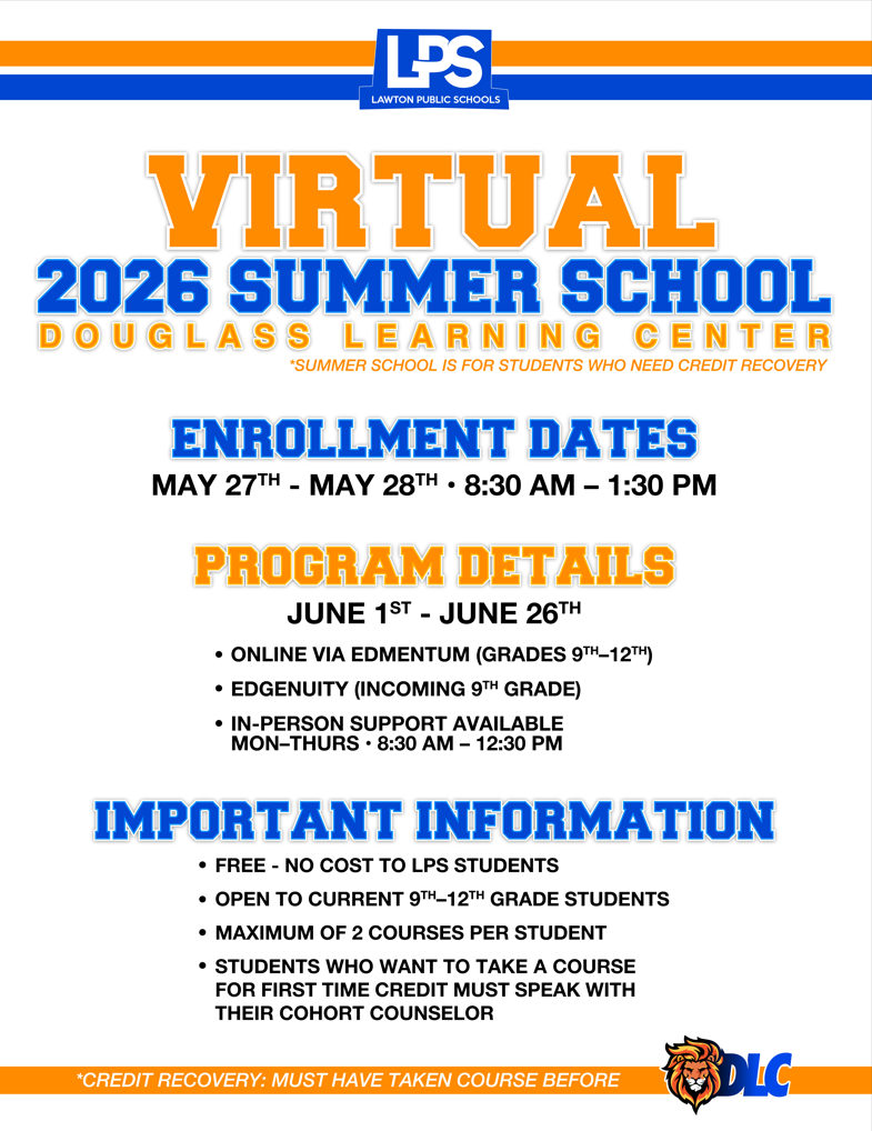 An advertisement for a Virtual Summer School at the Douglass Learning Center. Dates are May 27th to June 26th. Details include online options and in-person support.