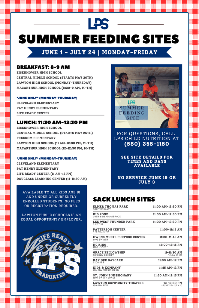A flyer lists Summer Feeding Sites in red and white. A small photo shows a person helping a child.