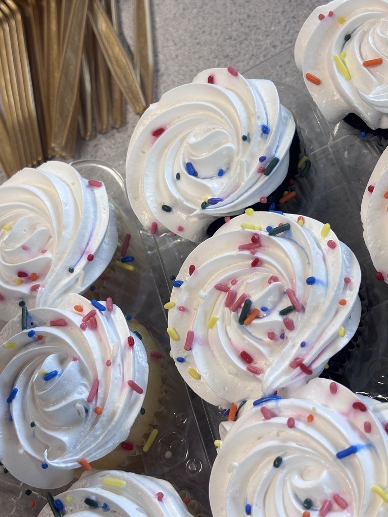 Cupcakes with white frosting swirls and colorful sprinkles on top, displayed in a clear plastic container.