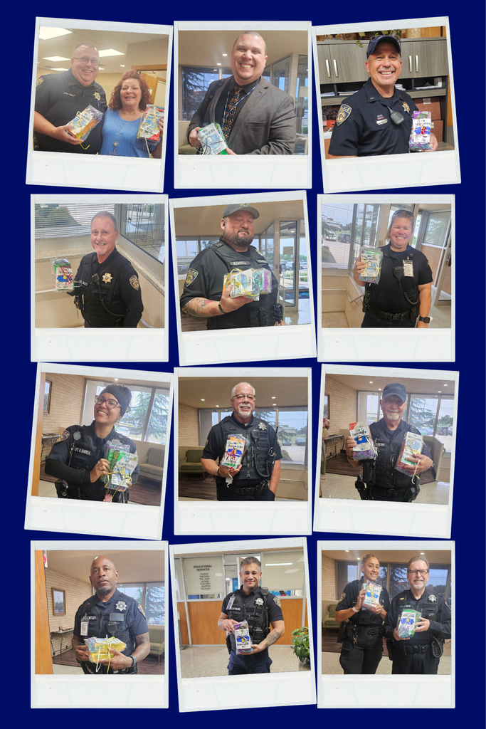 Multiple photos of police officers, both male and female, holding boxes of food. Background features a light blue color.