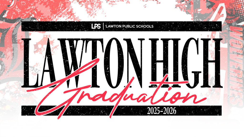 Text "LAWTON HIGH Graduation 2015-2016" in bold black with red on a white and red background.