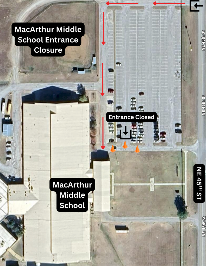 Map shows an aerial view of a school. Closed entrances are marked with red arrows and text.