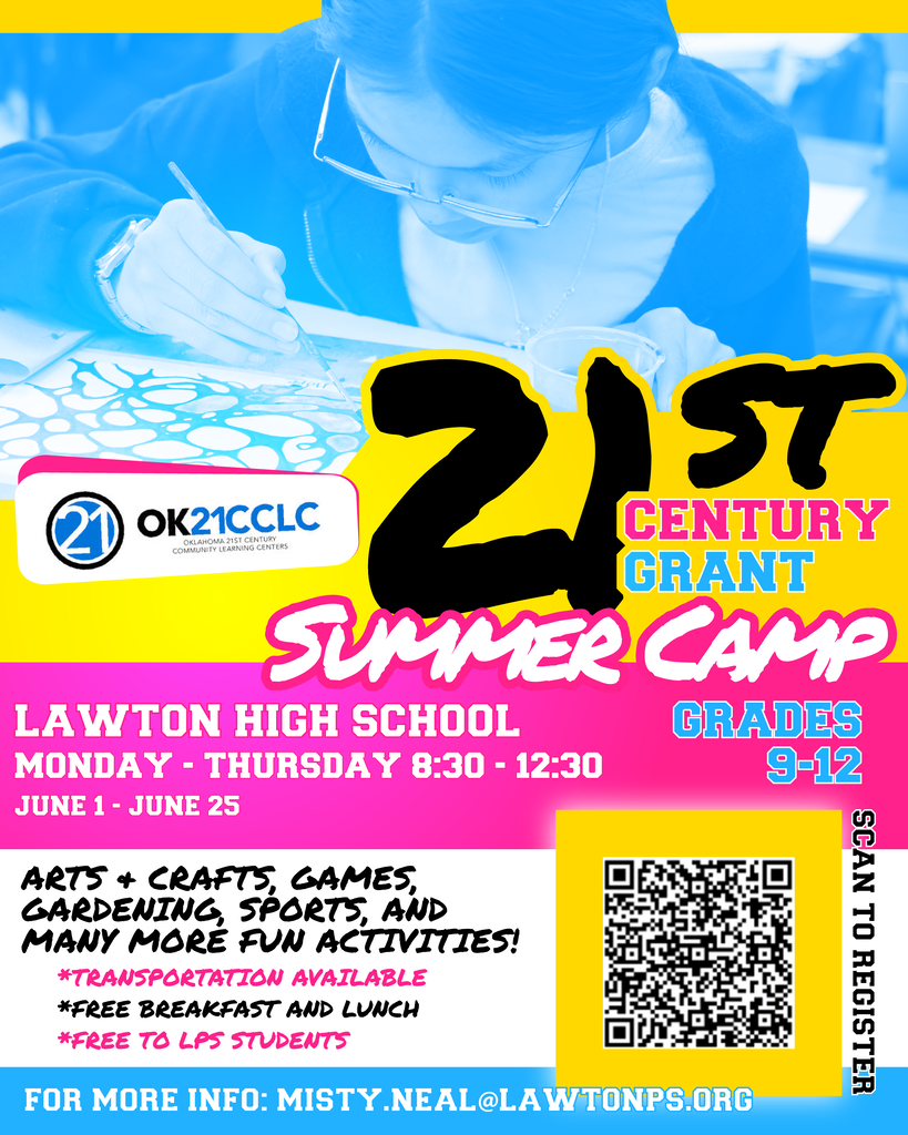 Poster for 21st Century Grant Summer Camp. A student writes. QR code for registration.