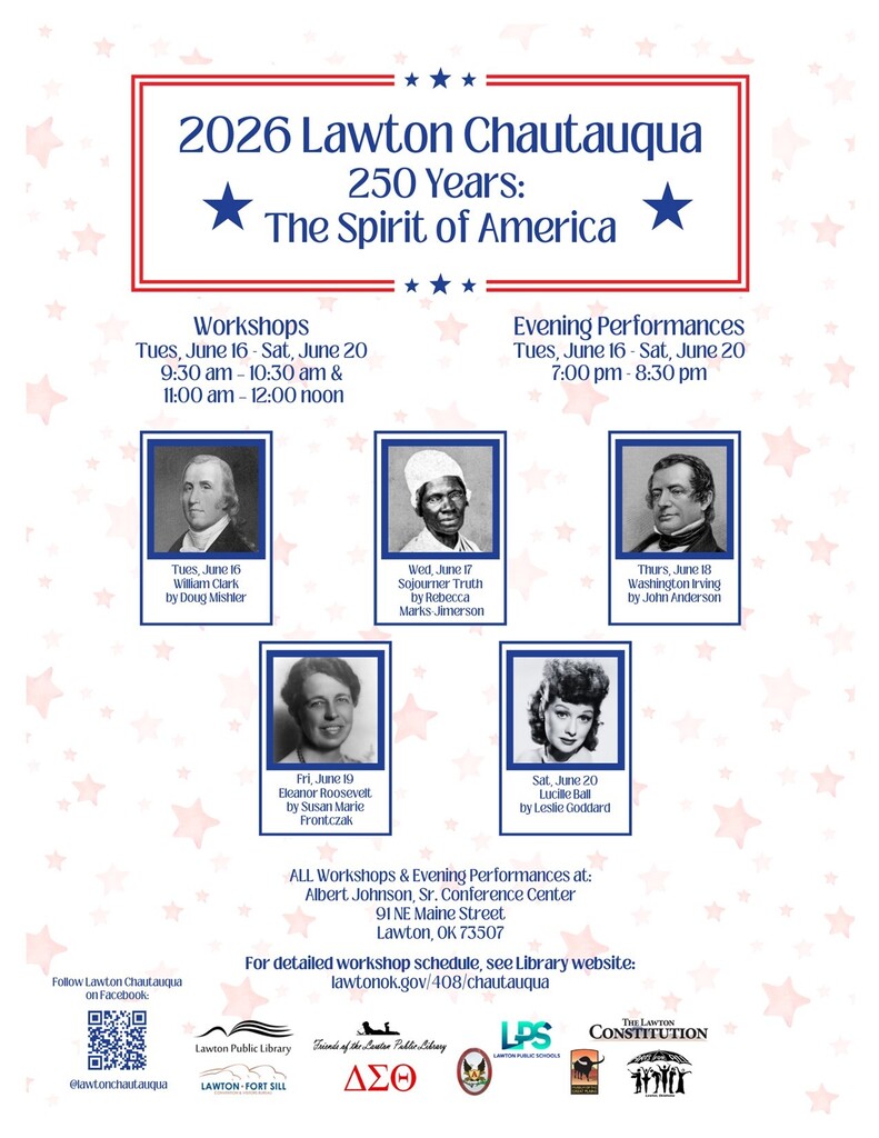 Poster for 2026 Lawton Chautauqua 250 Years: The Spirit of America. It includes images of six people and their names.