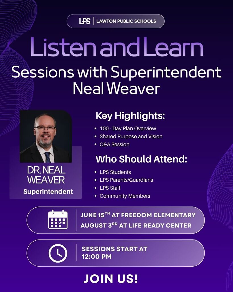 Purple background with white text. Headshot of Neal Weaver, Superintendent, with session details and date-time information.