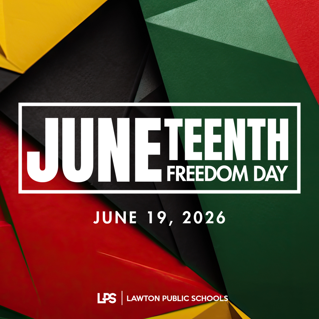 Multicolored shapes form the background. White text reads "JUNETEENTH FREEDOM DAY JUNE 19, 2026" at the center.