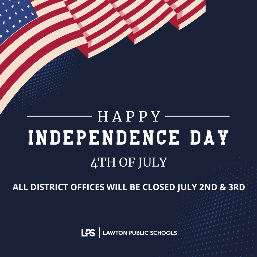 Blue background with text, wavy American flag, and white dots. Text reads "Happy Independence Day 4th of July."
