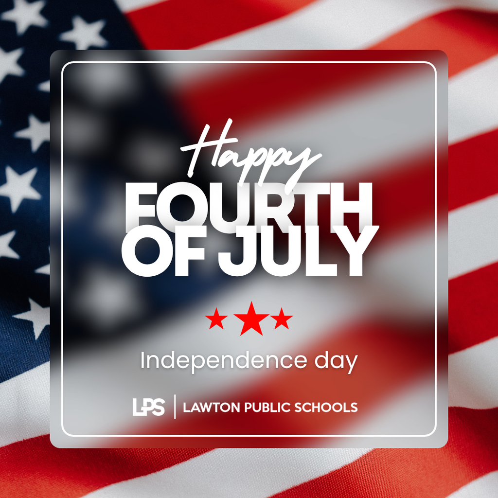 A design with a blurred flag in the background. The words "Happy Fourth of July" are in white text.