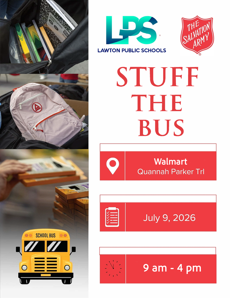 A poster shows a backpack and school supplies, along with a school bus. Text reads: Stuff the Bus. Location: Walmart, Quannah Parker Trail. Date: July 9, 2026. Time: 9 am to 4 pm.