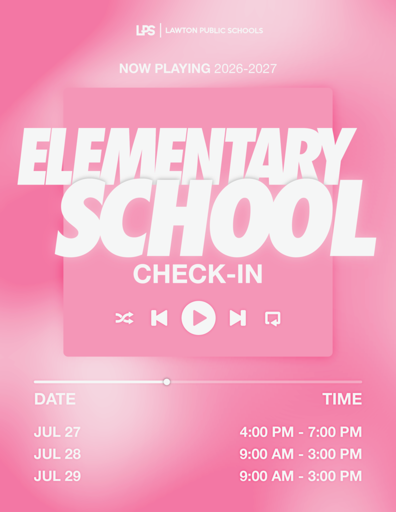 Pink background with white text "Elementary School Check-In" and "Now Playing 2026-2027" on top. Schedule includes three dates with times.