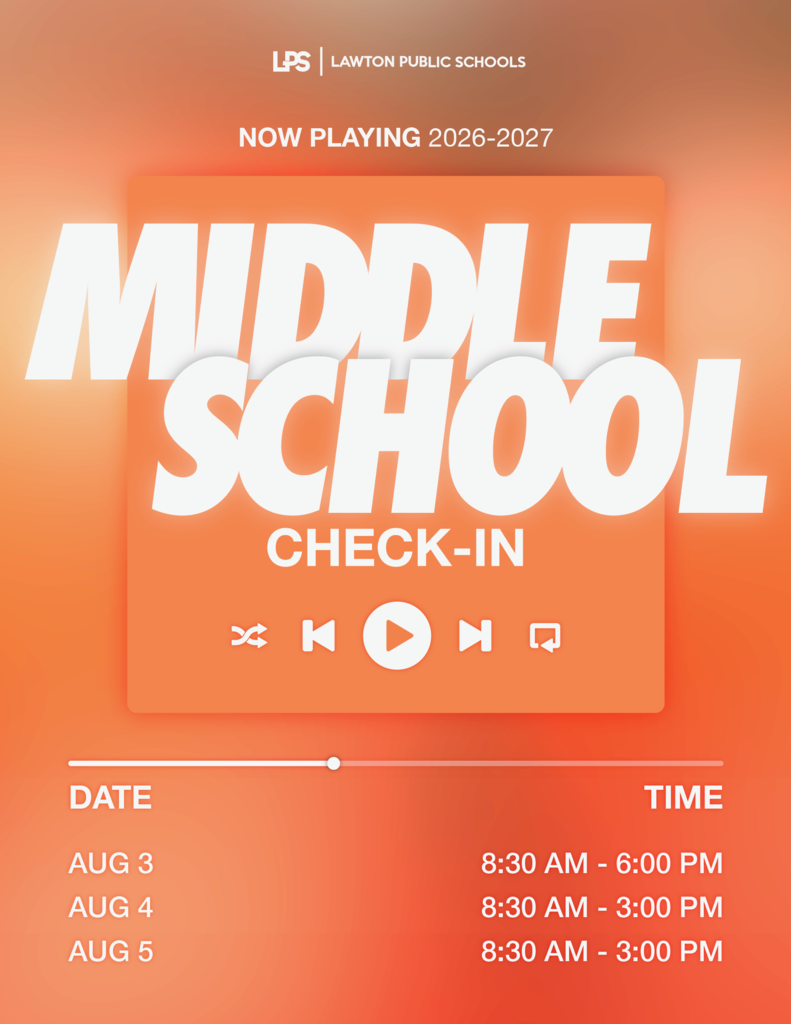 A bright orange background displays "Middle School Check-In" with music player icons and dates. The times are listed for August 3, 4, and 5.