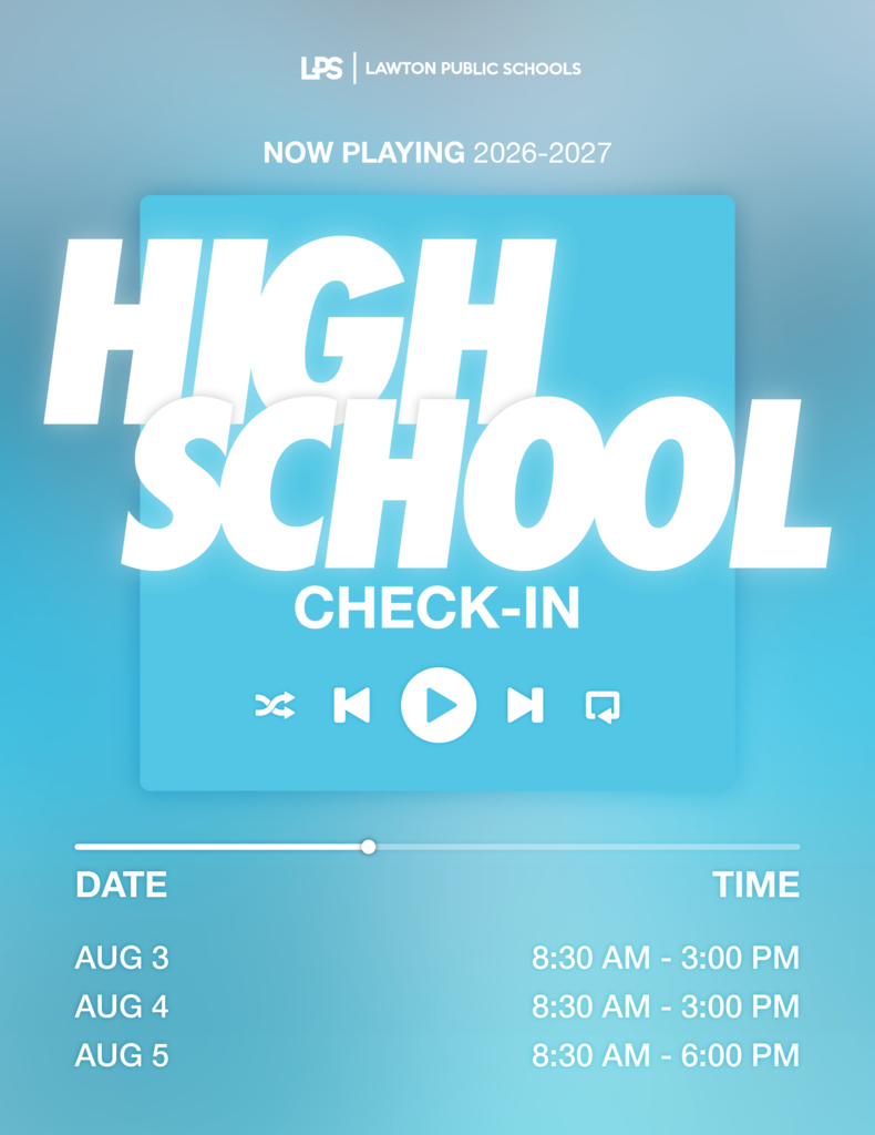 A blue background displays text reading "High School Check-In" with playback controls below. A date and time table shows August 3-5 check-in times.
