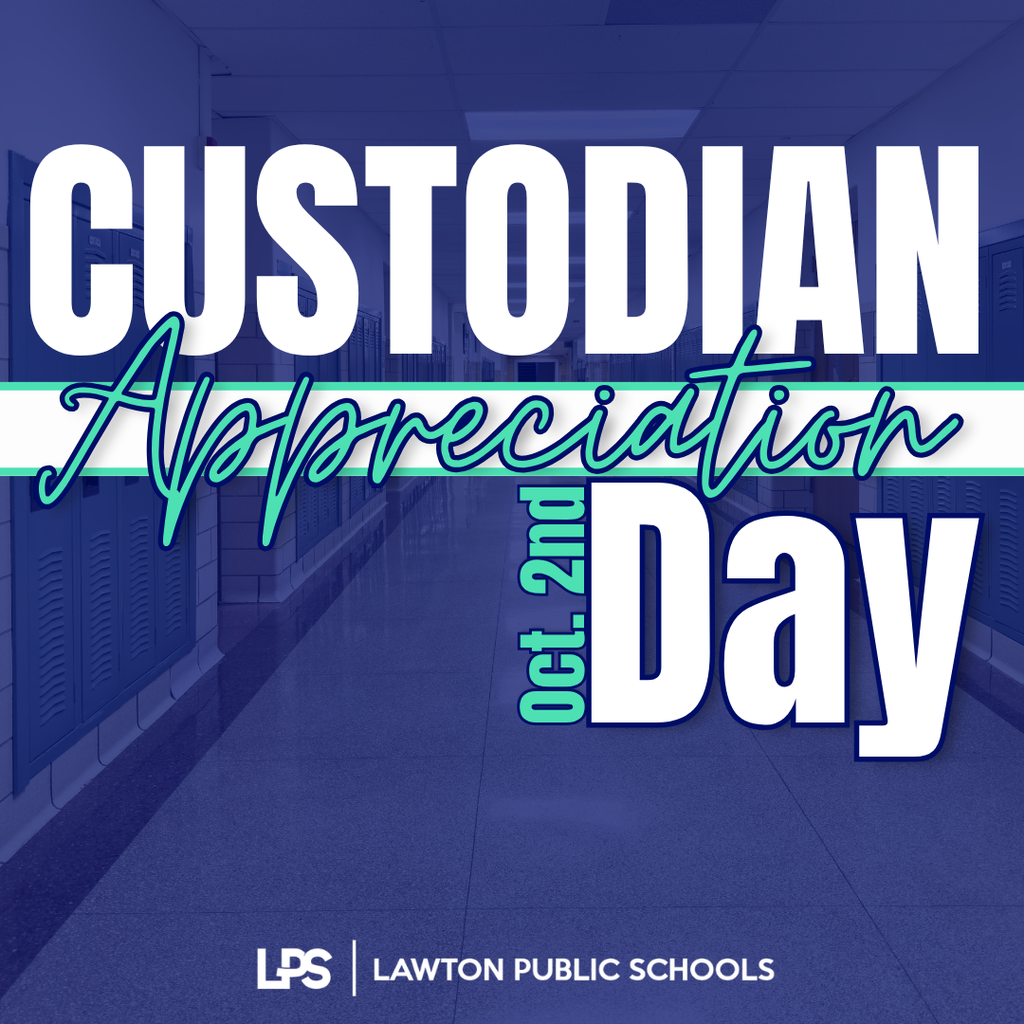 Banner for Custodian Appreciation Day on Oct 2nd. Features text on a blue background with a school corridor in the background.