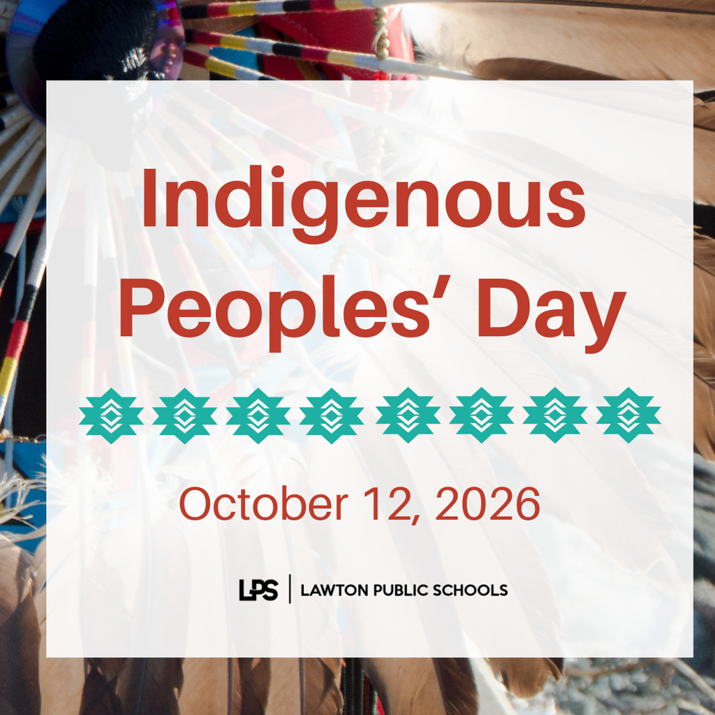 A poster shows "Indigenous Peoples’ Day October 12, 2026" on white with colorful patterns behind it.