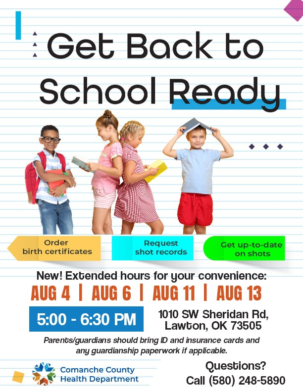 A poster features children holding books, with a heading "Get Back to School Ready." Background is plain.