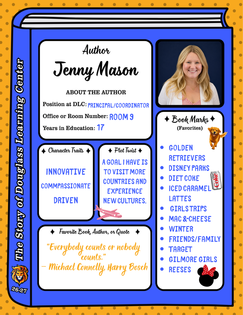 A colorful page displays information about Jenny Mason, featuring a photo, personal details, and favorite items.