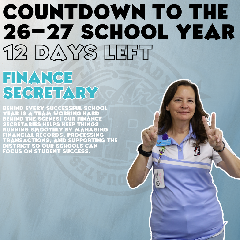 Poster with blue background. Text reads "Countdown to the 26-27 school year 12 days left". Person in blue uniform makes peace sign.