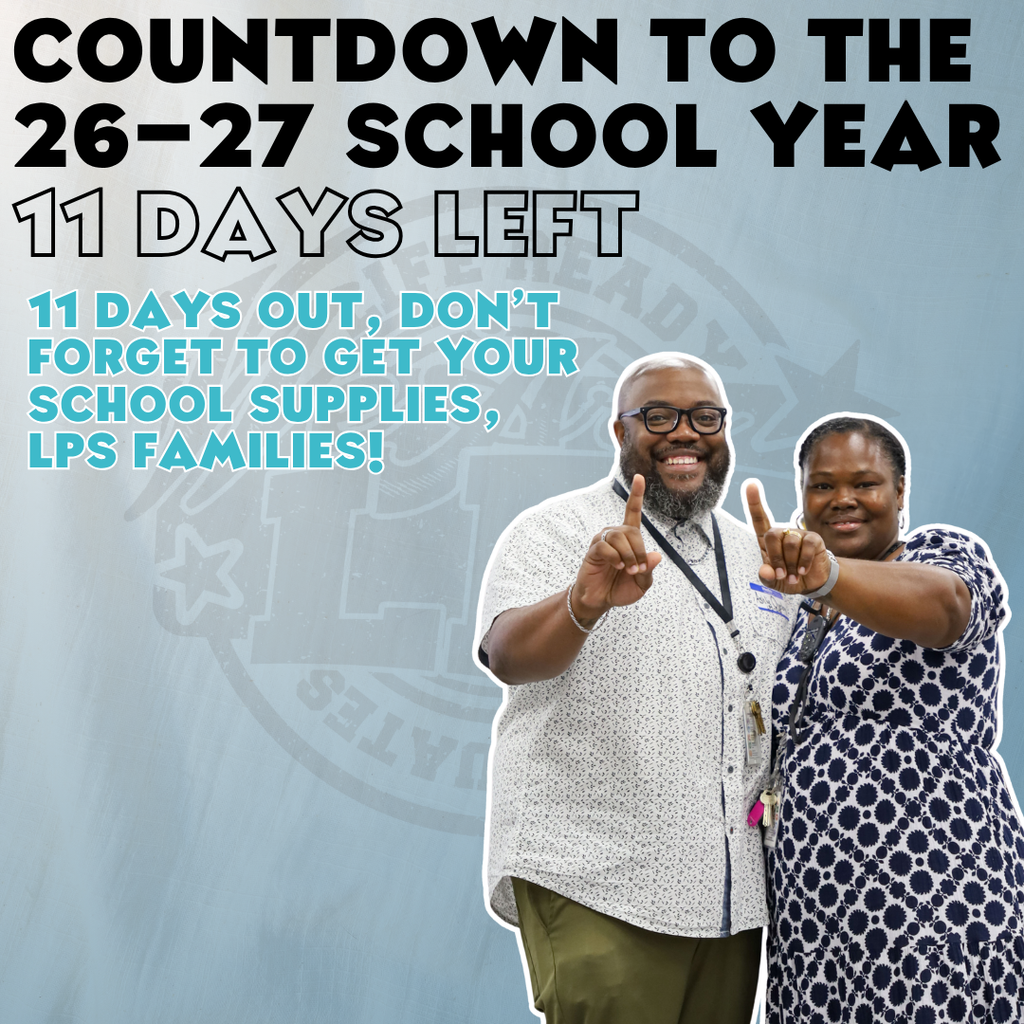 Poster shows two adults in school uniforms, both making peace signs, encouraging families to buy school supplies.