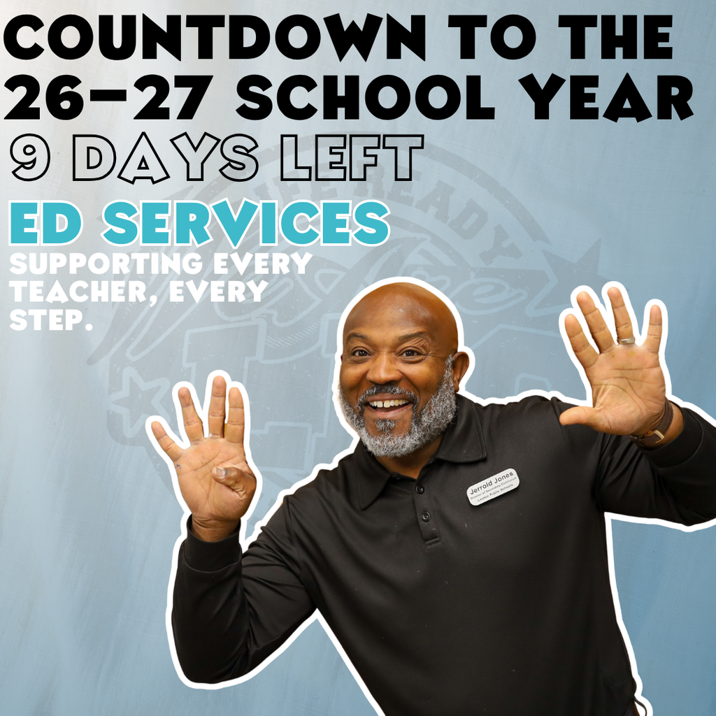 Man smiling and gesturing with hands raised. Text reads: "Countdown to the 26-27 school year: 9 days left."