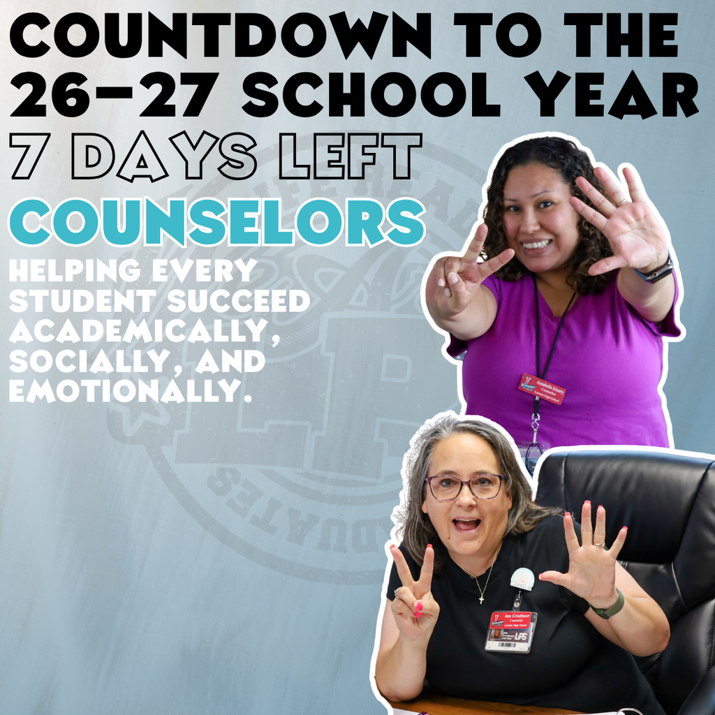 A poster displays a countdown for a new school year, with two women. One is clapping, and the other is sitting, smiling, and making a peace sign.
