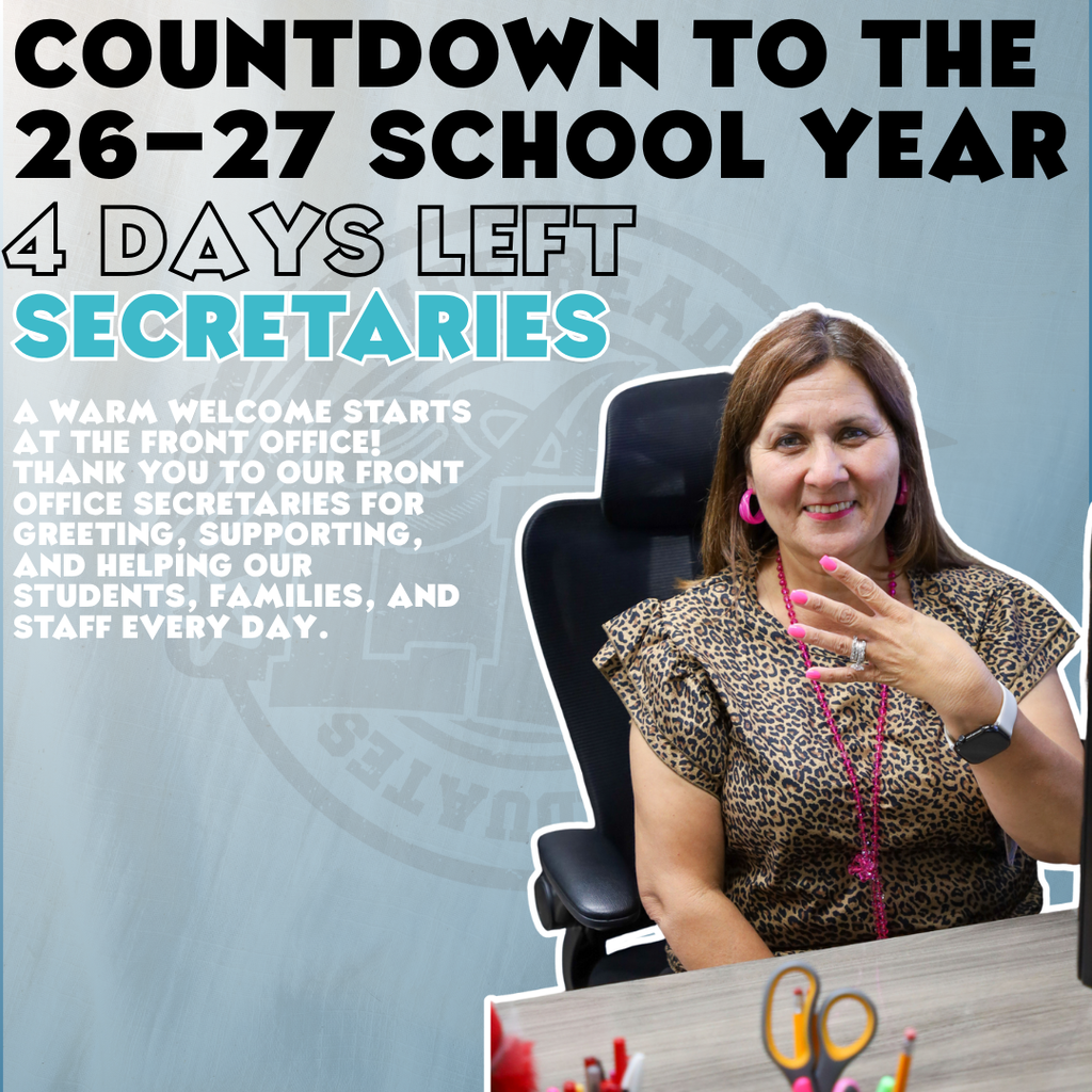 Advertisement with a woman at a desk. Text reads "Countdown to the 26-27 school year, 4 days left, Secretaries".