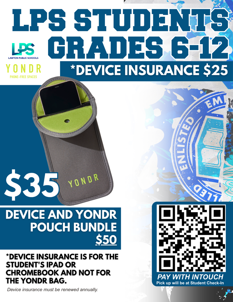 A poster for LPS Students, Grades 6-12. A Yondr pouch is shown with a device inside. Two options are listed: Device and Yondr Pouch Bundle for $50 and Device Insurance for $25.