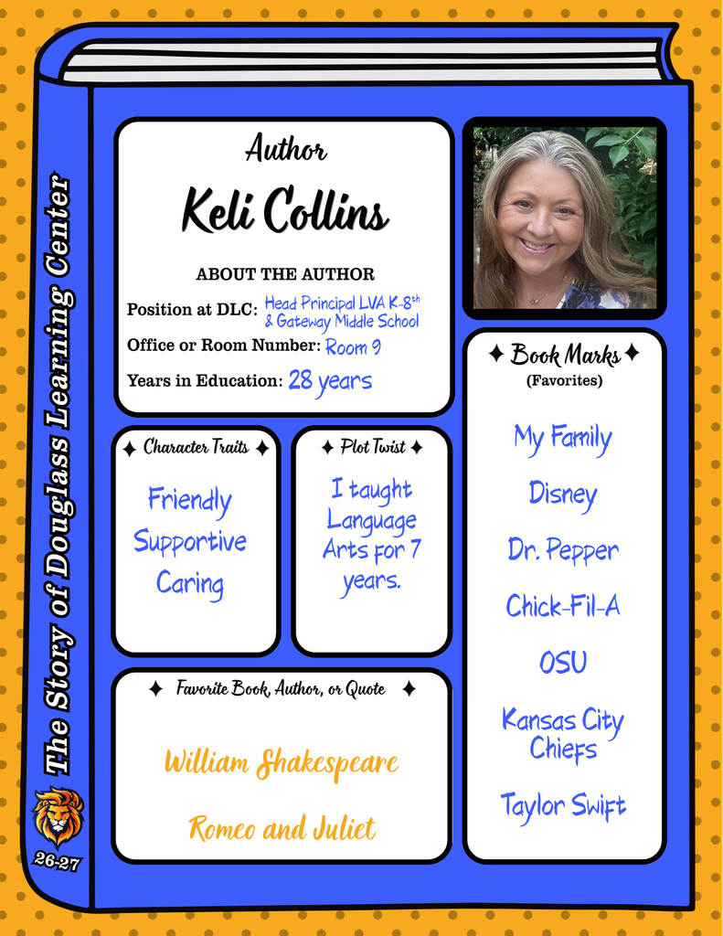 A blue and yellow background with text boxes. The top features a photo of a woman and text about Keli Collins.