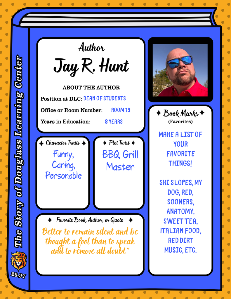 Blue and yellow page with photo of man in sunglasses. Text includes "Author: Jay R. Hunt" and character traits.